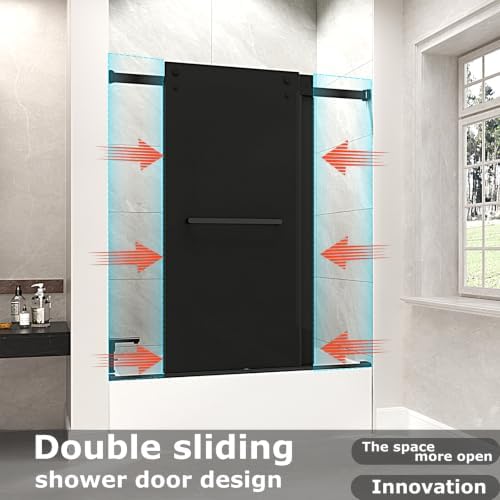 Frameless Double Sliding Tub Door, 55-60"Wx60"H, Euro Gray, Matte Black - Image 3