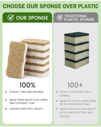 Wood Pulp Kitchen Sponges, 12 Pack – Natural Cellulose & Coconut Scrubber - Image 3