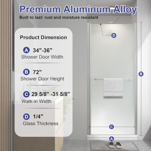 34"-36"W x 72"H Frameless Pivot Frosted Shower Door Brushed Nickel - Image 7