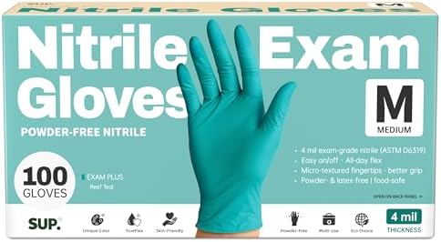 SUP Exam Plus® Nitrile Gloves, Powder-Free Disposable, Teal 100 Count by SUP