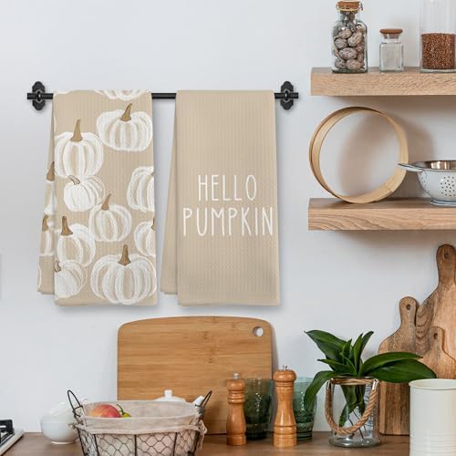 Fall Hello Pumpkin Kitchen Towels and Dishcloths Sets of 2, Fall Beige White - Image 2