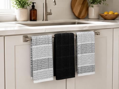 Black Grey Kitchen Hand Dish Towels, Waffle Checkered - Image 5