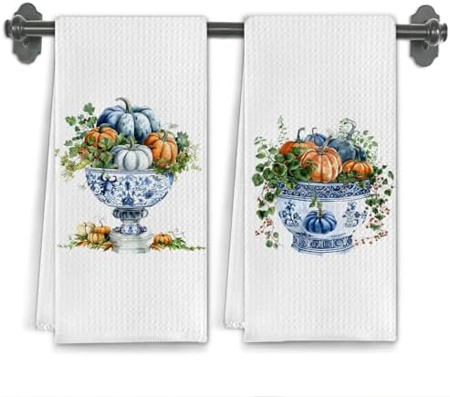 Chinoiserie Fall Pumpkin Kitchen Towels, Grand Millenial Autumn Botanical by Unknown