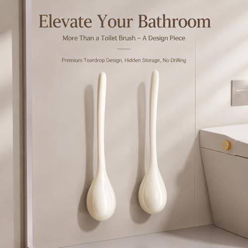 Toilet Brush & Holder Set, Wall-Mounted Auto-Close Lid, Cream White - Image 2
