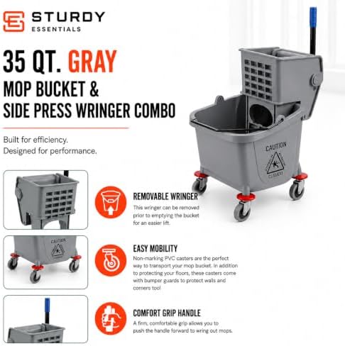 Commercial Mop Bucket with Wringer on Wheels | Gray 35 Quart - Image 2