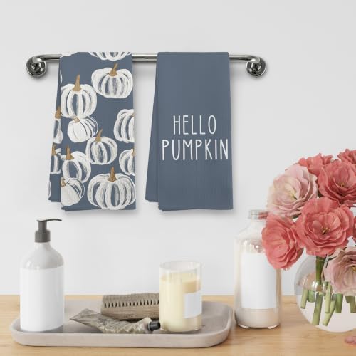 Fall Hello Pumpkin Dusty Blue Kitchen Towels Dishcloths Sets of 2 - Image 4