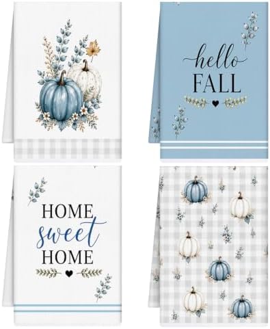 Fall Blue Pumpkin Kitchen Towels 4 PCS, Autumn Hand Towel by VISSTREE