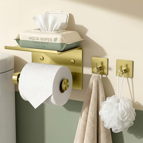 Tindbea Toilet Paper Holder Wall Mount + Towel Robe Hooks, Adhesive or Screw by Tindbea