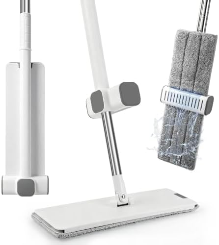 Self Wringing Mop with 2 Pads, Hands Free Microfiber Flat Mop by BIDFUL