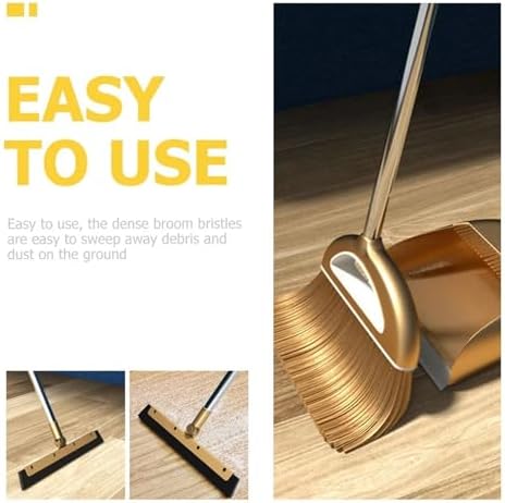Gold Broom Dustpan Set Folding Dustpan Long Handle Rubber Wiper Space-Saving - Image 3