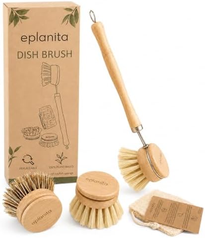 eplanita Natural Dish Brush, 3 Replacement Heads, Kitchen Eco Bamboo Scrubber by eplanita