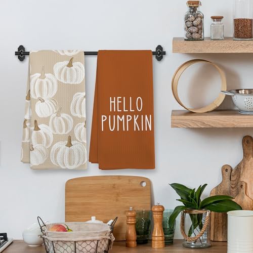 Fall Hello Pumpkin Kitchen Towels and Dishcloths Sets of 2, Fall Burnt Orange - Image 2