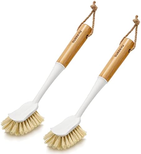 Kitchen Dish Brushes with Bamboo Handle, 2 Pack Dish Scrubber Brush by SUBEKYU