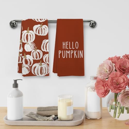 Fall Hello Pumpkin Rust Kitchen Towels and Dishcloths Sets of 2 - Image 4