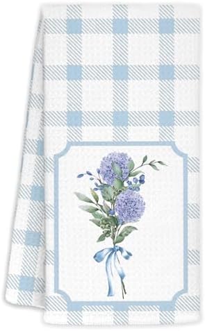 Coquette Blue Hydrangea Gingham Kitchen Towels 16x24 Inch, Preppy Bathroom Decor by Welcometowoodforest