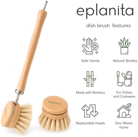 eplanita Natural Dish Brush, 3 Replacement Heads, Kitchen Eco Bamboo Scrubber - Image 2