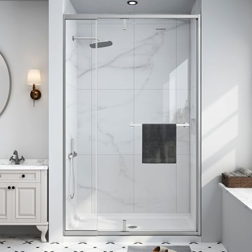 42-48" W x 72" H Frosted Pivot Shower Glass Door Brushed Nickel by EASYWORC