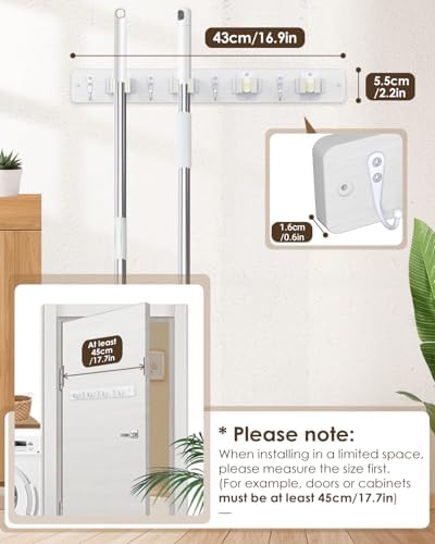 AceMining White Broom Holder Wall Mount, 4 Holders 4 Hooks Mop Holder - Image 4