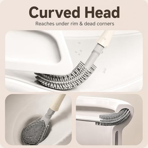Toilet Brush & Holder Set, Wall-Mounted Auto-Close Lid, Cream White - Image 4