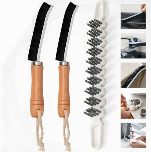 Crevice Cleaning Brush Set, 3 Pack | Wood Handle & 90° Flex Neck, Stiff Bristle by Kesttenn