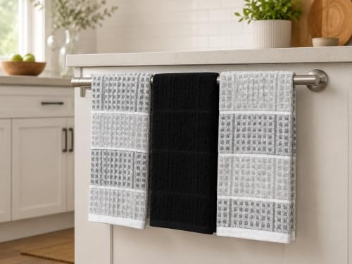 Black Grey Kitchen Hand Dish Towels, Waffle Checkered - Image 3
