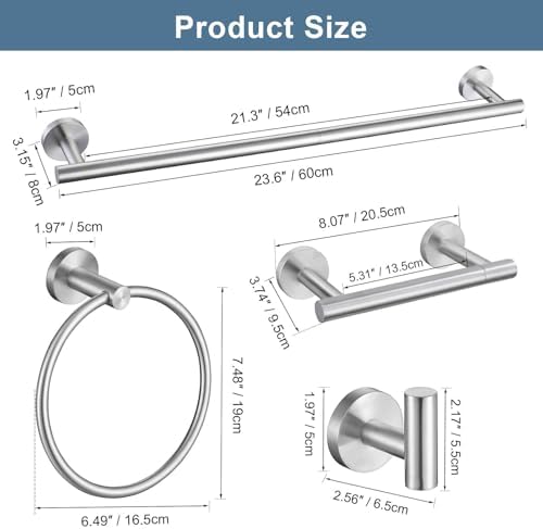 Brushed Nickel Bathroom Hardware Accessories Set, 5 Pieces Round Towel Bar Set - Image 6