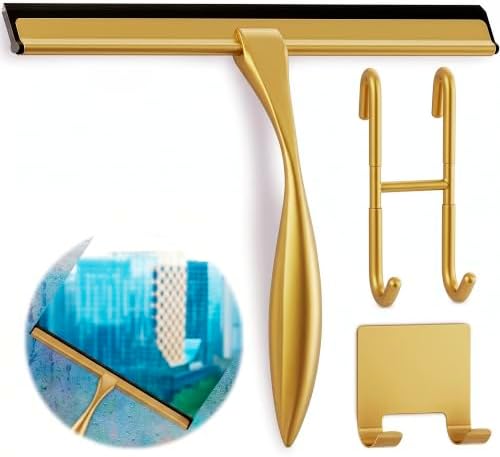 14 Inch Gold Shower Squeegee for Glass Doors, 2 Hooks Included by Novsix