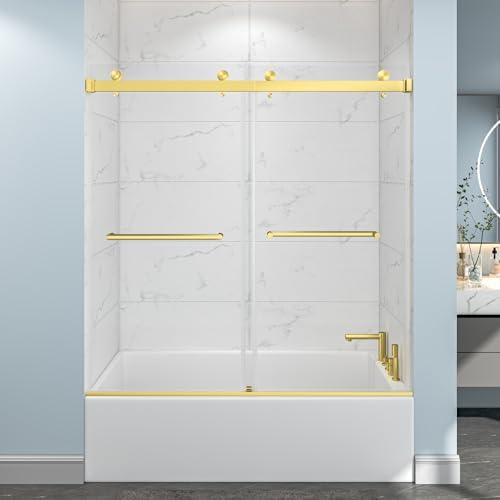 Frameless Clear Double Bypass Sliding Bathtub Shower Door, Brushed Gold Hardware by EPXMKXShowerDoor