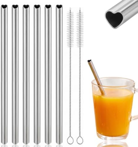 6 Pcs Reusable Metal Straws 8.5” Cute Heart Stainless Steel Straws by Unknown