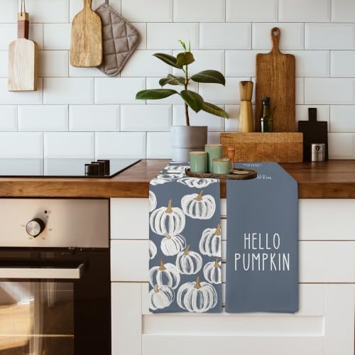 Fall Hello Pumpkin Dusty Blue Kitchen Towels Dishcloths Sets of 2 - Image 5