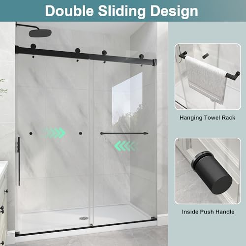KPUY Frameless Double Sliding Shower Door 55-60" x 76", Matte Black - Image 5