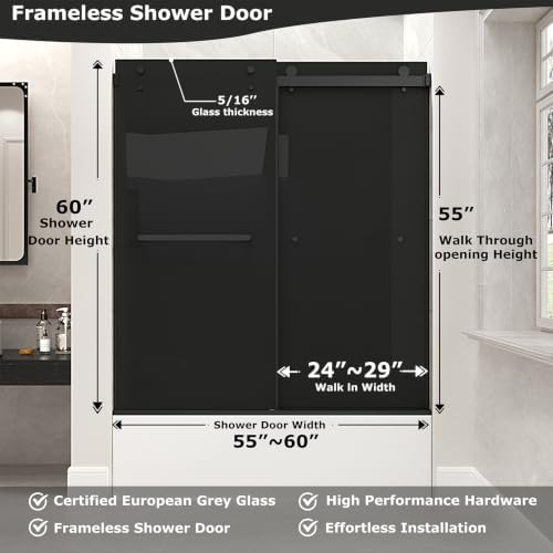 Frameless Double Sliding Tub Door, 55-60"Wx60"H, Euro Gray, Matte Black - Image 2