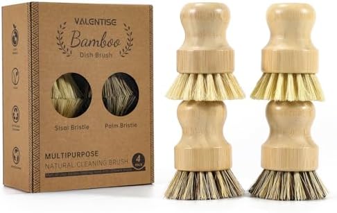 4 Pack Bamboo Dish Brush Set, Natural Palm Dish Scrubber by VALENTISE