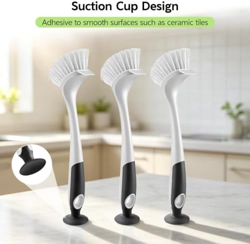 SetSail Dish Brush with Handle Suction Cup Kitchen Scrub Brush 3 Pack Black - Image 3