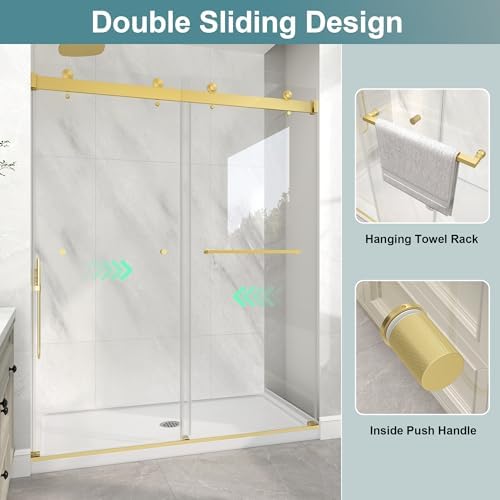 KPUY Frameless Double Sliding Shower Door 43-48" x 76", Brushed Gold - Image 5