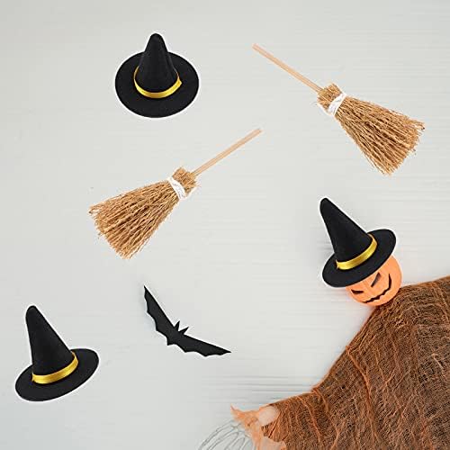 24 Pieces Halloween Mini Witch Hats Brooms Decoration Set Mini Felt Witch Hat - Image 2