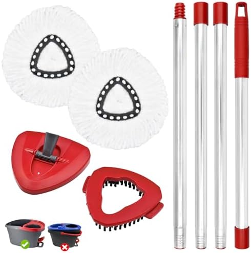 Spin Mop Replacement Handle, 2 Pack Mop Head&Base Scrub Brush 4-Section by CleanFloorsZeroFuss