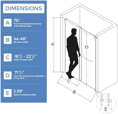 Frameless Stainless Steel Sliding Shower Door, 44-48" W x 76" H - Image 3