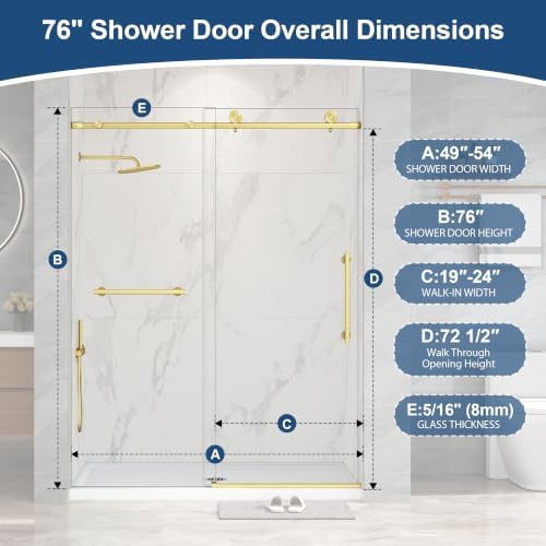 Frameless Sliding Shower Doors 49-54" Wx76 H, 5/16" Brushed Gold - Image 2