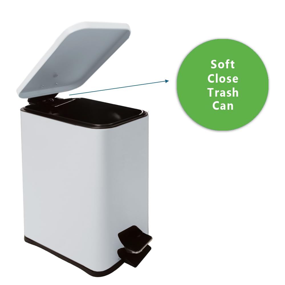 Stainless Steel Small Trash Can with Lid & Step Pedal - 6 Liters/1.6 Gallon Soft Close Garbage Can with Removeable Inner Bucket - Trash Cans for Bathroom, Bedroom, Kitchen & Office (White)