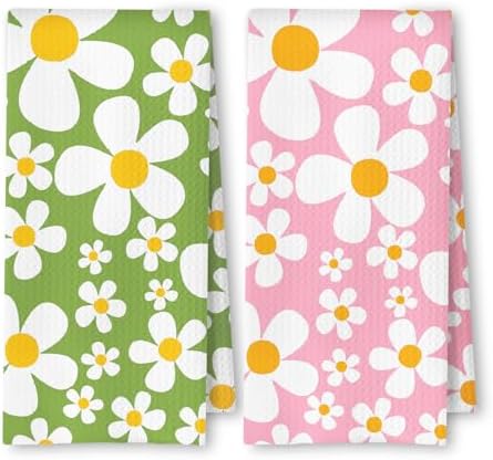 70s Retro White Daisy Floral Kitchen Towels Set of 2, Floral Aesthetic by Unknown