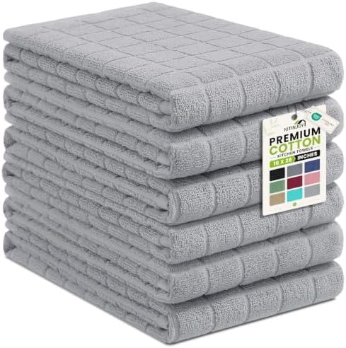 Kitinjoy Premium Cotton Check Kitchen Towels 6 Pack, Light Grey by Kitinjoy