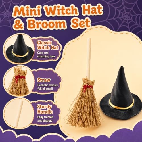 24PCS Mini Witch Hat with Broom Set, Halloween Decorations - Image 3