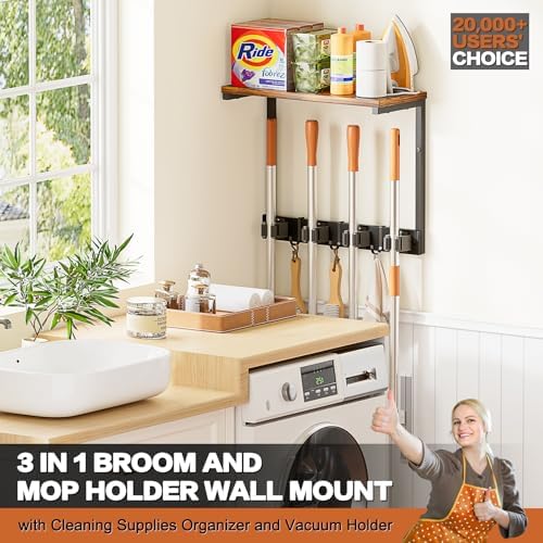 Broom Holder Wall Mount with Cleaning Supplies Organizer, Laundry Room - Image 2