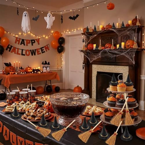 24PCS Mini Witch Hat with Broom Set, Halloween Decorations - Image 6