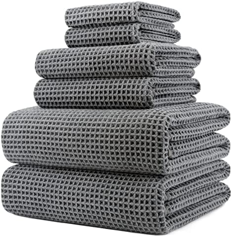 POLYTE 430 GSM Poly Blend Microfiber Quick Dry Waffle Bath Towel Set of 6 by Polyte