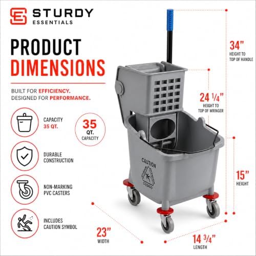 Commercial Mop Bucket with Wringer on Wheels | Gray 35 Quart - Image 3