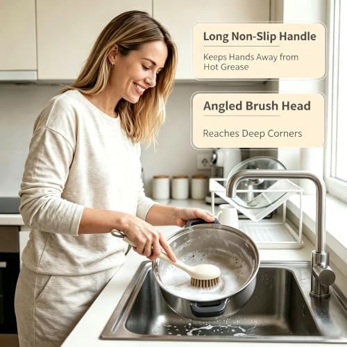 Dish Scrub Brush 2-Pack, Long Handle Pot Pan Scrubber, Angled Head - Image 7