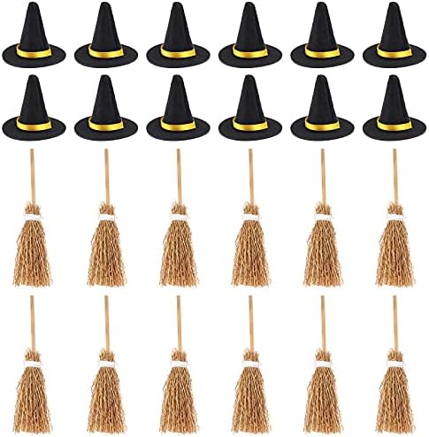 24 Pieces Halloween Mini Witch Hats Brooms Decoration Set Mini Felt Witch Hat by Droutti