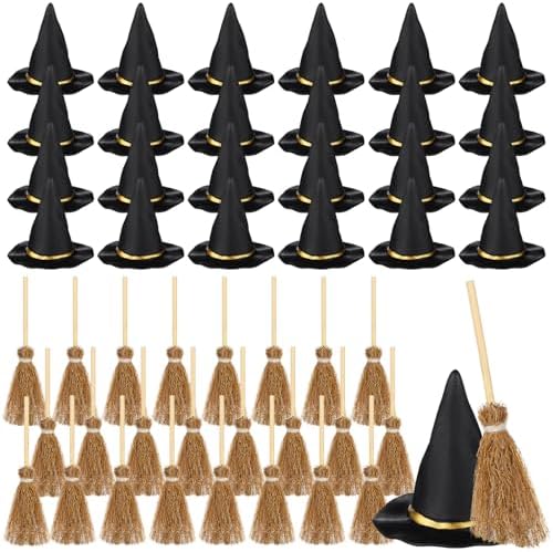 WinnerWhy 48 Pcs Mini Witch Hat Broom Set, 1.5 Inches by WinnerWhy